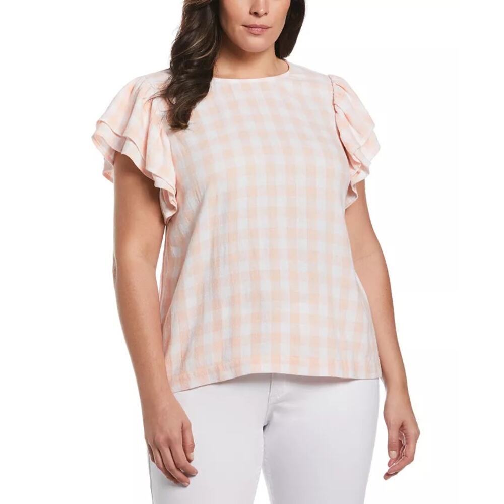 Ella Rafaella Linen Blend Plaided Flutter Short Sleeve Top Peach Melba Large NEW